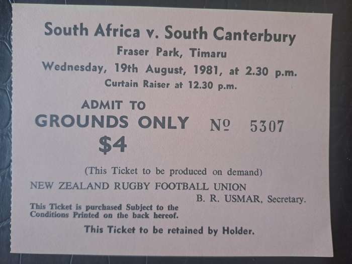 Rugby ticket. South Canterbury v South Africa 19 August 1981 Fraser Park, Timaru