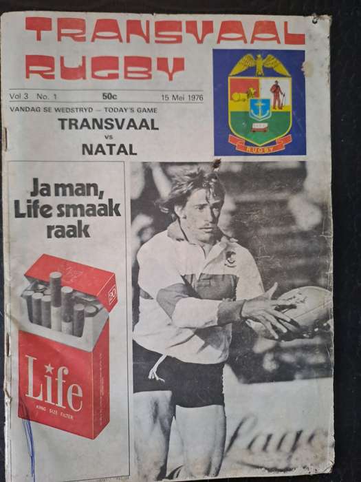 Rugby programme Transvaal v Natal 15 May 1976 Ellis Park slight water wrinkle edges frayed