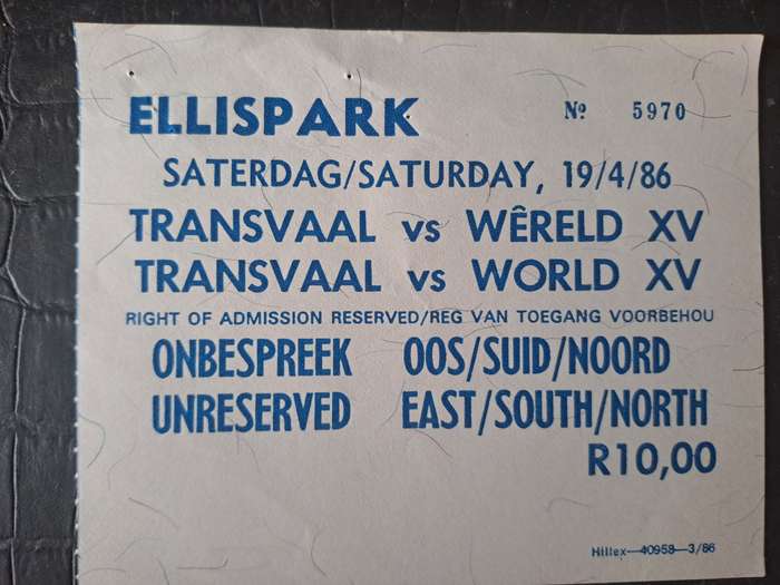 Rugby ticket. Transvaal v World XV 19 April 1986 Ellis Park