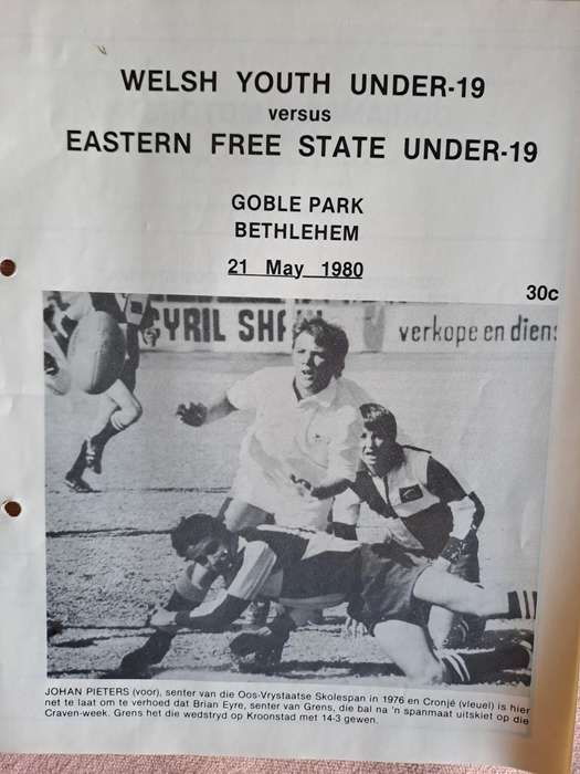 Rugby programme Eastern Orange Free State u.19 vs Welsh Youth u.19 21 May 1980