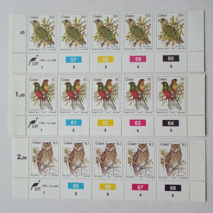 Ciskei - 1981 1st Definitive Issue "Birds" - Full Set of Control Strips of 5 (Original Print) - MNH