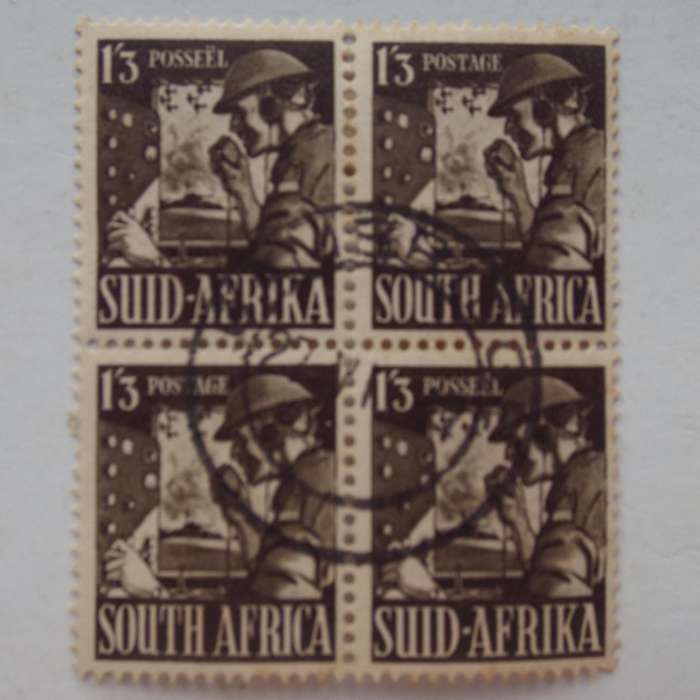 Union - 1943 Additional Value to SA War Effort - 1s3d Olive-Brown "Signaller" - Block of 4 - Used