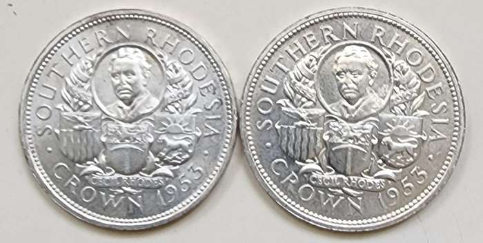 1953 Southern Rhodesia Crowns x 2. Both varieties of lettering on the rim