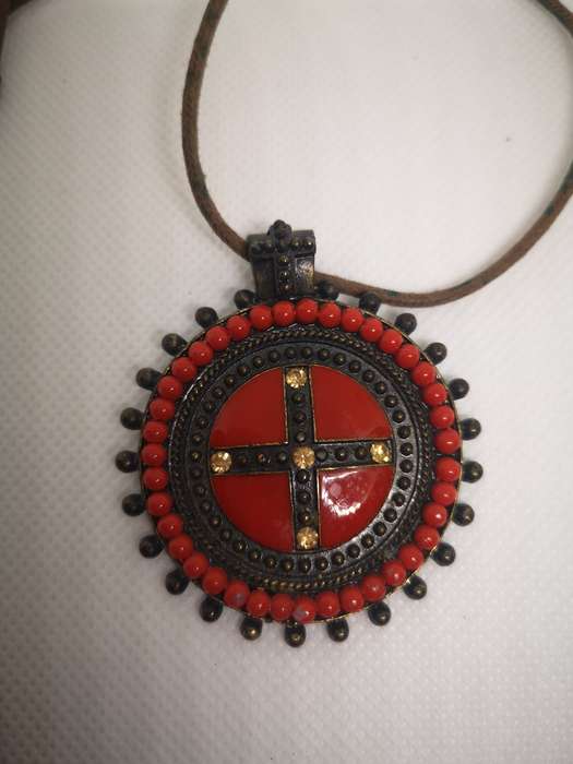 Cross and Leather Strap Necklace (Red and Brown)