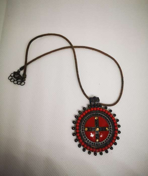 Cross and Leather Strap Necklace (Red and Brown)