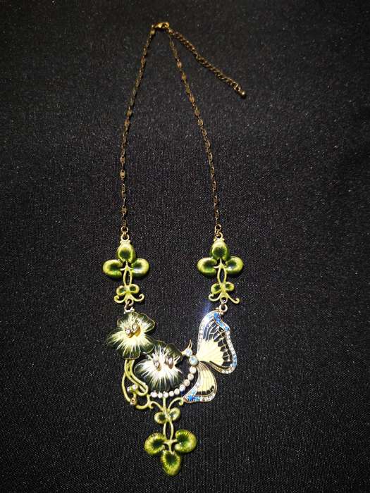Vintage Metal Necklace with Green Leaves and Blue Butterfly