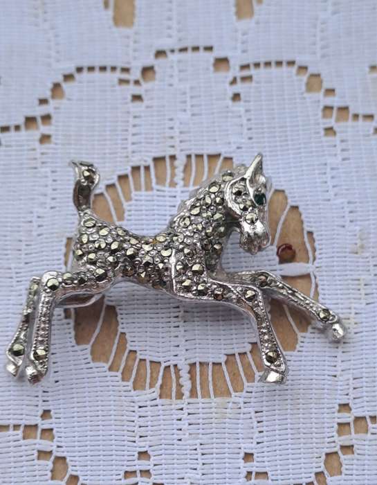 Beautiful BJL Foal, green rhinestone filled marcasite silver T brooch