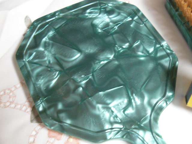 VERY ART DECO VANITY SET, MIRROR, BRUSH PLASTIC WITH MOTHER OF PEARL EFFECT,