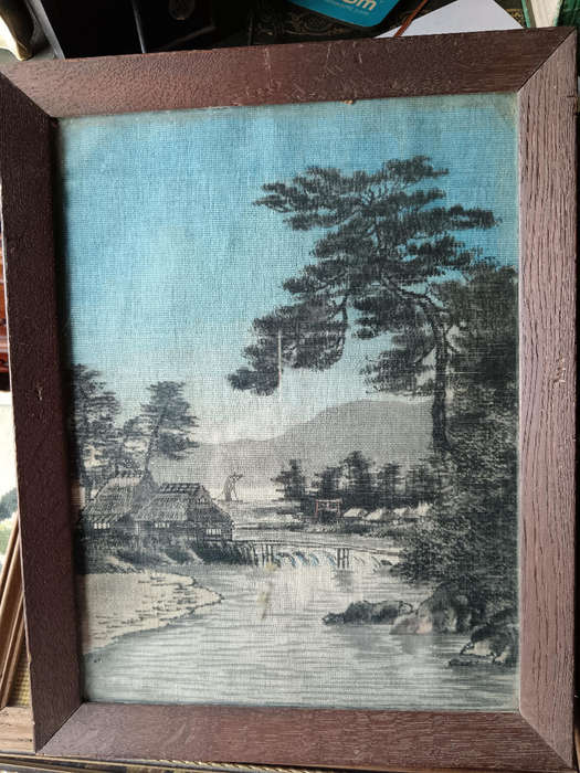 Pair of Vintage Japanese Paintings on Textured Silk Fabric Framed under Glass