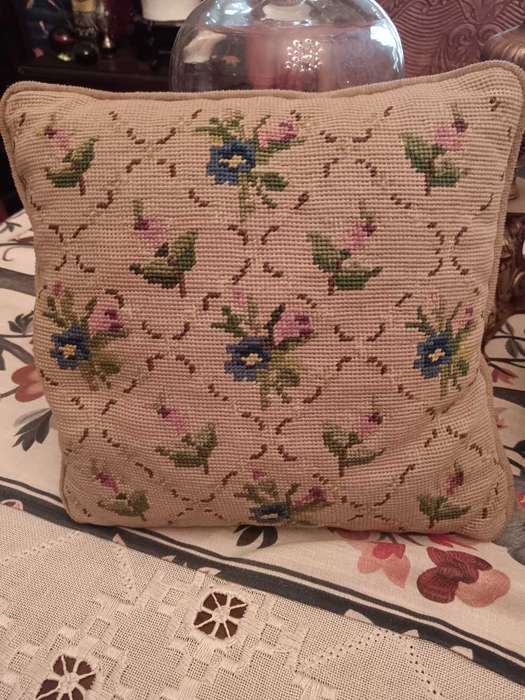 Tapestry cushion with flowers velvet backed