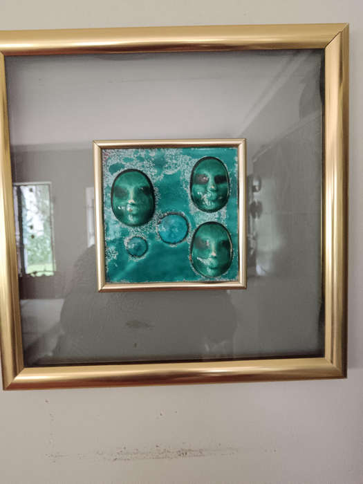 Framed Ceramic Turquoise Face Art in the style of Helmut Schaffenacker
