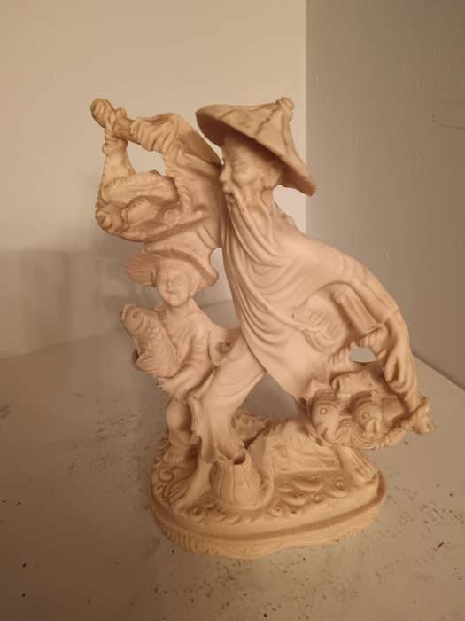 Vintage Chinese Sculpture Statue Fisherman & Boy
