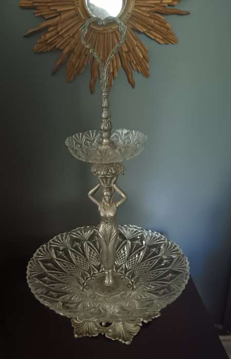 2 Tier Crystal and Metal Cake Stand with Figurine Made in Spain