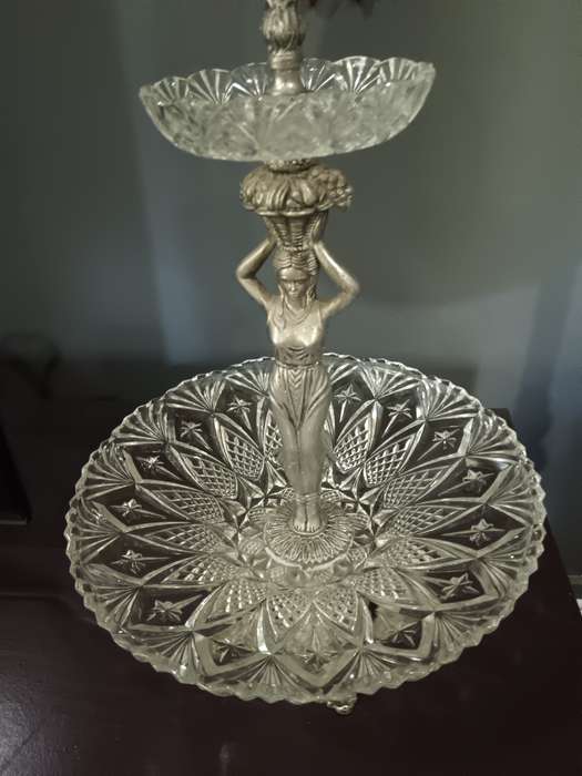 2 Tier Crystal and Metal Cake Stand with Figurine Made in Spain
