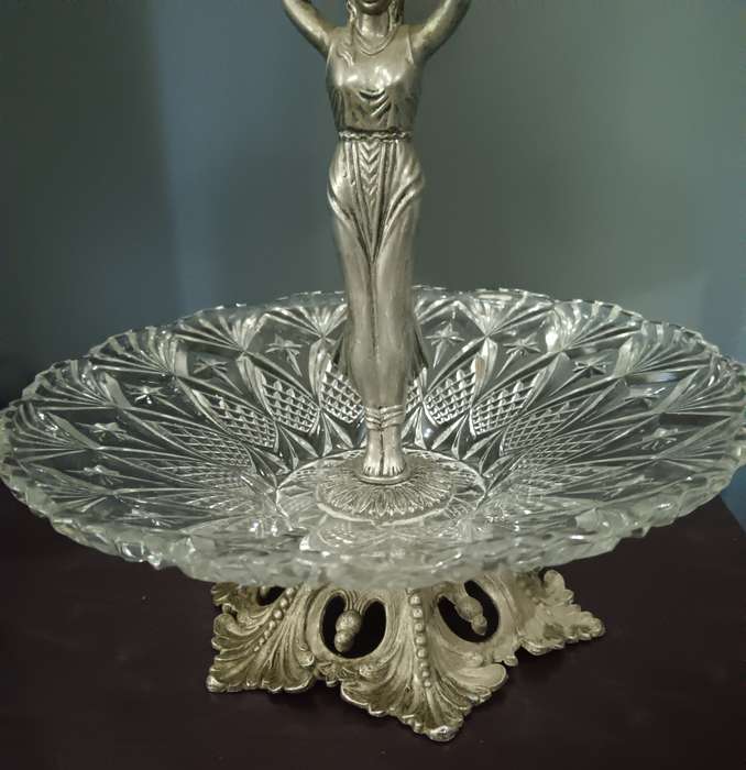 2 Tier Crystal and Metal Cake Stand with Figurine Made in Spain