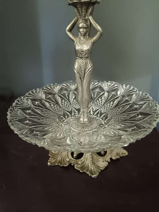 2 Tier Crystal and Metal Cake Stand with Figurine Made in Spain