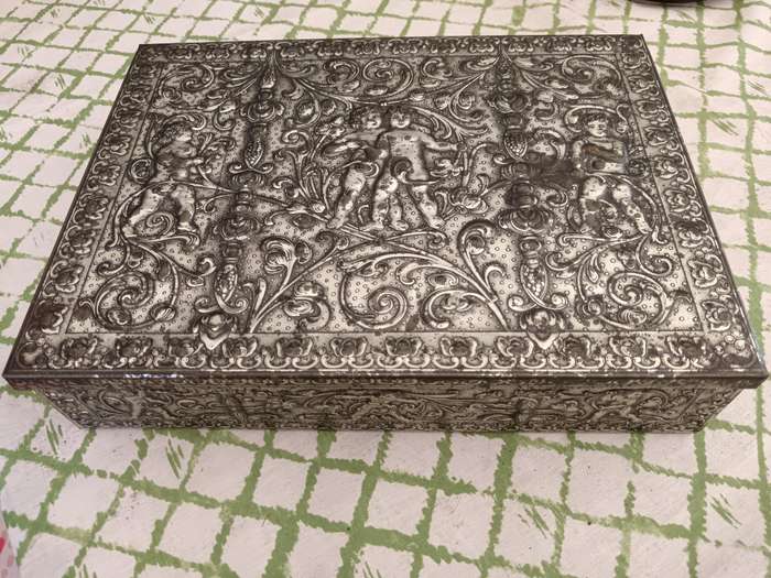 Vintage West German Repousse Cherub Biscuit Tin