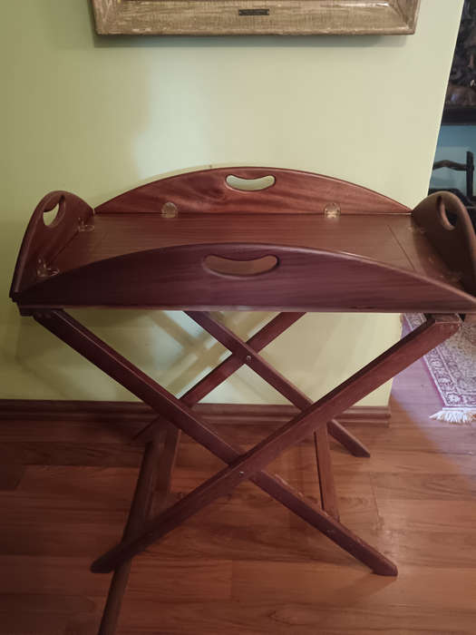 Authentic Mahogany Butlers Tray with Brass Hindged Handles & Sides on a Fold Up Stand