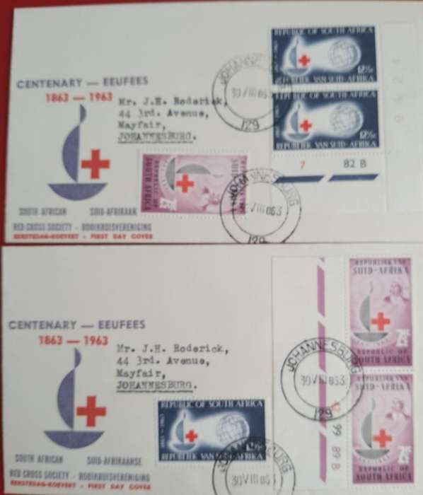 RED CROSS FDC X 2-100 YEARS 1963 WITH VARIETY EXTRA STAMPS