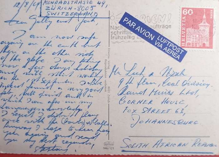 POST CARD OF ZURICH 1969