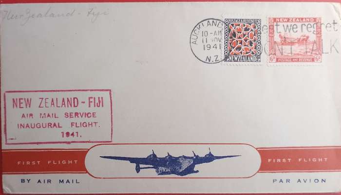 FIRST AIRMAIL SERVICE NEW ZEALAND-FUJI 1941 DATED 11/11/41..BACK STAMPED 13/11/41 FUJI..