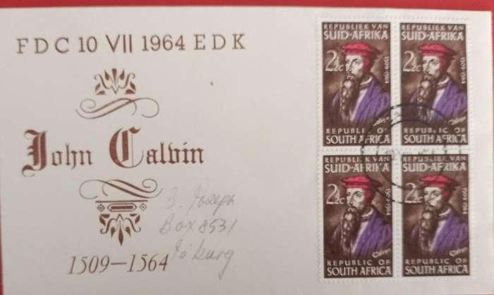 UNION COVER JOHN CALVIN 1509-1594 - 400 YEARS ANNIVERSARY WITH BLOCK OF 4 STAMPS