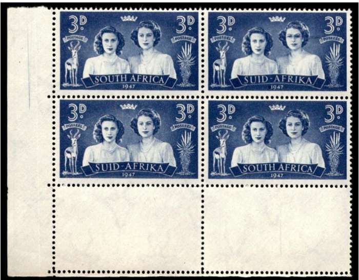Union of SA 3d ROYAL VISIT- "Black-eyed Princess" - 1947 (ROW 19/2) PROVING BLOCK MNH
