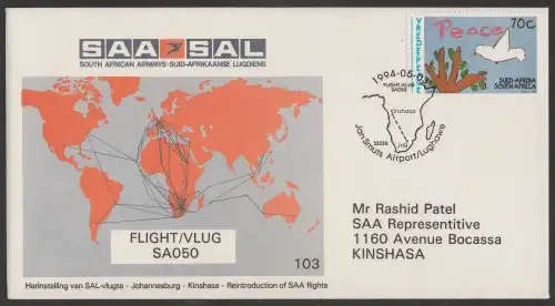 SA AIRWAYS (SAA) FLIGHT COVER # 103 - 1994 FLIGHT SA050 JHB - KINSHASA