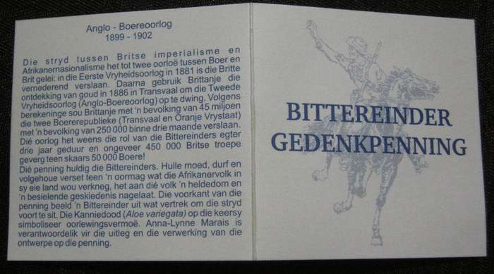 Anglo-Boereoorlog Bittereinder Gedenkpenning No 1 Certificate of Authenticity Original SA Mint Box