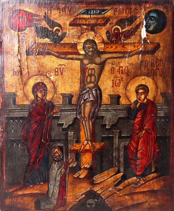 Rare Byzantine/ Russion Icon oil on panel: Crucifixion ( 34 x 26 cm )