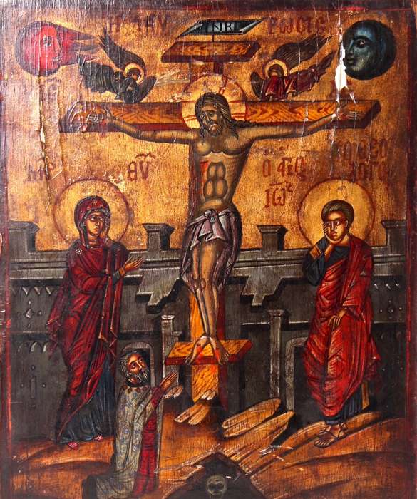 Rare Byzantine/ Russion Icon oil on panel: Crucifixion ( 34 x 26 cm )