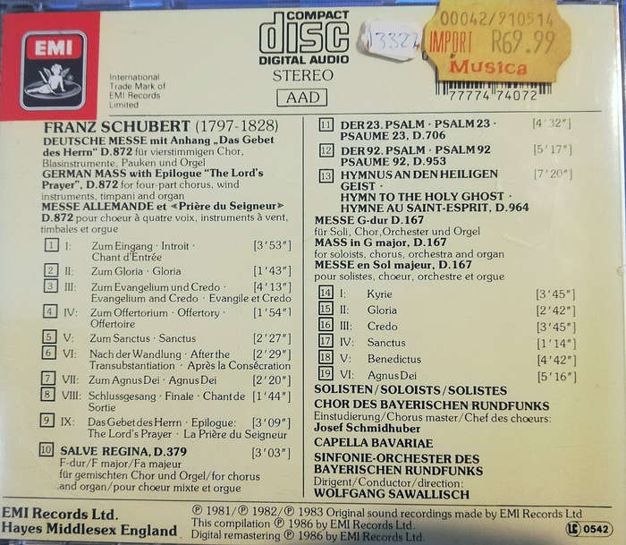 Schubert Deutsche Messe, D. 872. CD. EMI.