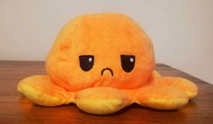 Reversable Plushie. Octopus yellow and orange Happy/Sad Face. 12cm.