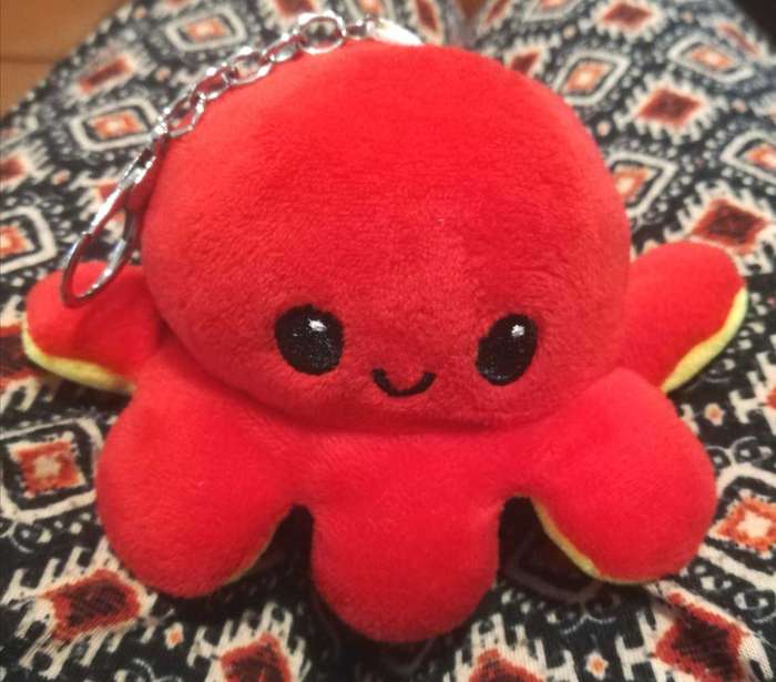 Reversable Plushie. Octopus yellow and red Keyholder. Happy/Sad Face. 8cm.