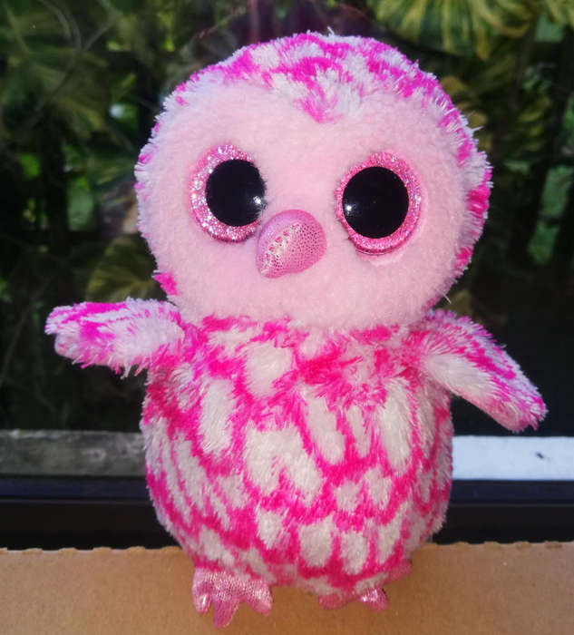 TY 2013 Plush Toy. Ty Beanie Boos - PINKY the Pink Owl Glitter Eyes! 16cm.