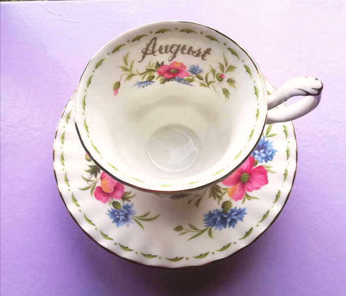 August Pink Poppy Cup And Saucer Royal Albert Flower Of The Month 1970s.  Royal Albert China.
