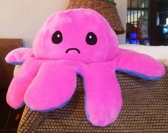 Reversable Plushie. Octopus Blue and Pink Happy/Sad Face. 30cm.