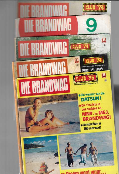 Lot van 5 Brandwag Tydskrifte - 20 12 74 / 6 12 74 / 8 11 74 / 7 11 75 en 1 11 74
