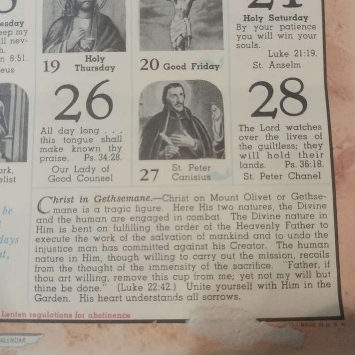Church Art Calender for the Catholic Home 1962