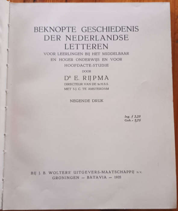 Beknopte Geschiedenis der Nederlandse Letteren door Dr E Rijpma