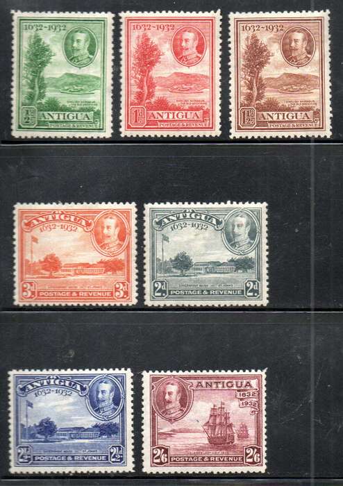 ANTIGUA 1932 TERCENTENARY KGV MINT SHORT SELECTION OF SINGLES inc 2s6d. TOTAL CV GBP 95+