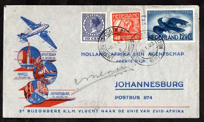 NETHERLANDS 1940 WORLD WAR II SPECIAL FLIGHT COVER TO JHB (VIA NAPLES BY LAND) SIGNED. AS DESCRIBED.