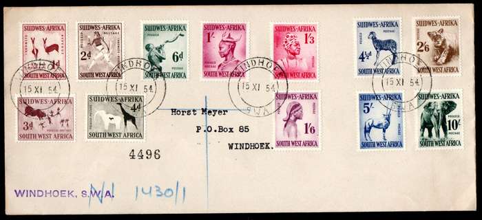 SWA 1954 DEF ISSUE FULL SET USED WITH 1ST DAY USAGE ON COVER. CC182/193. CONDITION AS PER SCANS.