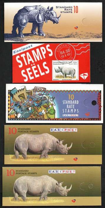 RSA SELECTION OF (X5) DIFFERENT MINT AND COMPLETE RHINO BOOKLETS. (X1) WITH 'INVERTED PANE'.