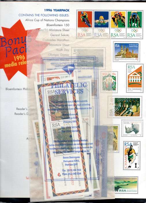 RSA 1996 YEAR PACK OPENED WITH MINT STAMPS + BONUS MEDIA RELEASES FROM THAT YEAR. NICE ITEM. READ!