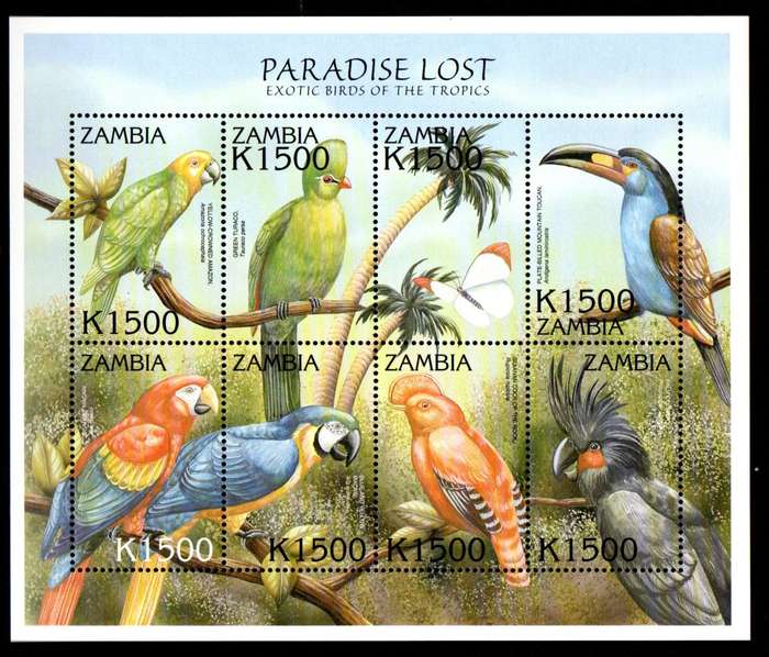 ZAMBIA 2000 PARADISE LOST - EXOTIC BIRDS OF THE TROPICS UMM SETENANT SHEET. AS PER SCANS. NICE ITEM
