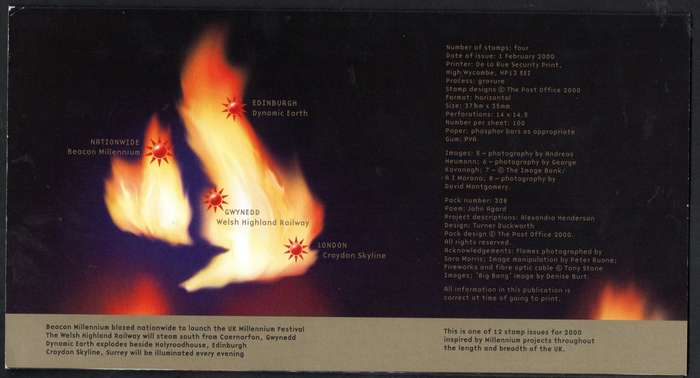 GB 2000 MILLENNIUM SERIES 'FIRE AND LIGHT' PRESENTATION PACK NO 308. AS PER SCANS. GOOD VALUE.