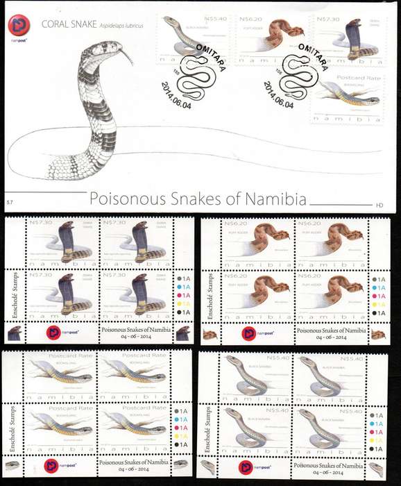 NAMIBIA 2014 POISONOUS SNAKES OF NAMIBIA SET OF (X4) CONTROL BLKS + FDC NO 5.7. CC806/9 AS PER SCANS