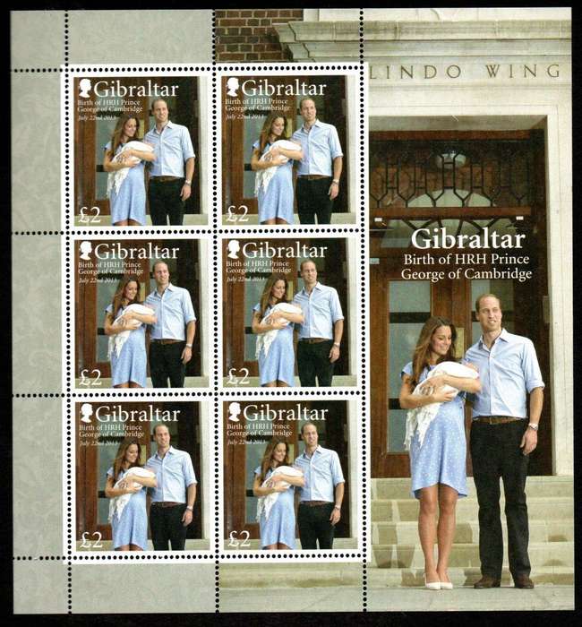 GIBRALTAR 2013 BIRTH OF HRH PRINCE GEORGE OF CAMBRIDGE UMM SHEETLET OF (X6). GOOD VALUE.