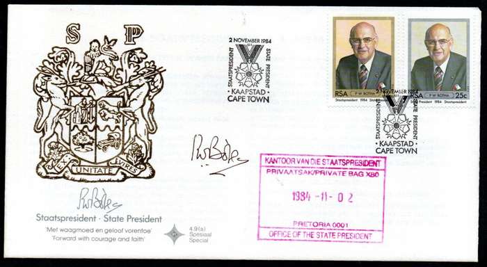 RSA 1984 INAUGURATION OF STATE PRESIDENT PW BOTHA FDC NO 4.9a SIGNED 'BOTHA'. AS PER SCANS.